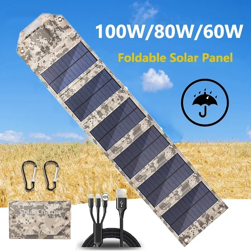 100W/80W/60W Foldable Solar Panel USB 5V Solar Charger Portable Solar Cell Outdoor Phone Power Bank for Camping Hiking + Cable