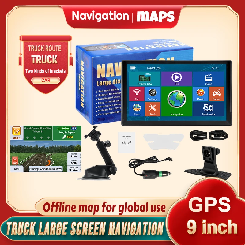 9 Inch GPS Navigation for Car Truck HGV SAT NAV Accessories Tools HD Navigator 2024 Free Update Europe North America Map 8GB FM