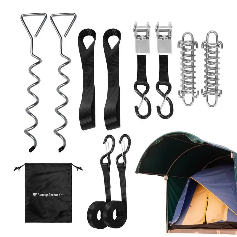 Awning Straps Stakes RV Tie Down Stakes Straps For Tent Awning All Weather Waterproof Trampoline Tie Down Tools For Camping