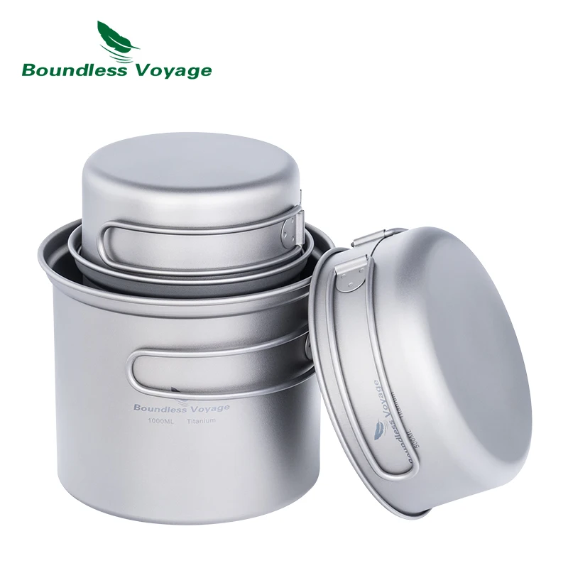 Boundless Voyage Camping Titanium Pot Pan Set Outdoor Cookware Cup Bowl for 1-2 Man Lightweight Cooking Kit with Folding Handle