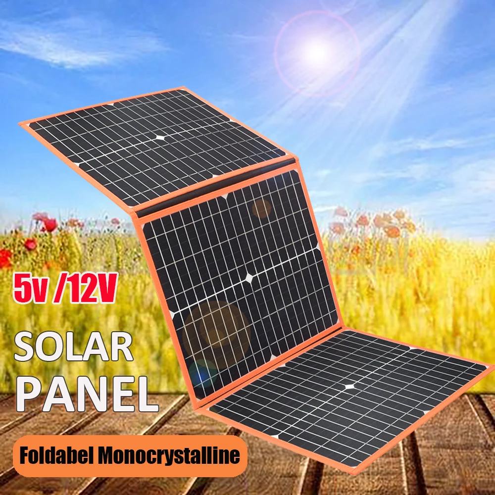 Foldable solar panel portable solar charger 12v battery power station 5v usb mobile phone power bank laptop camper hiking 60w