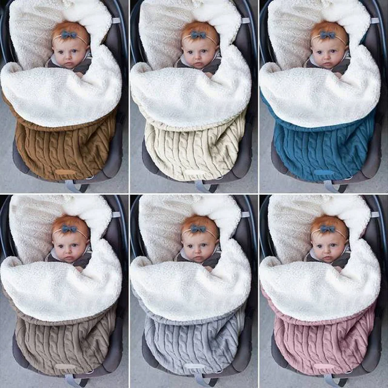 Newborn Baby Sleeping Bags Winter Stroller Blanket Footmuff Thick Soft Warm Knitted Crochet Wool Swaddle Wrap Infant Sleep Sack