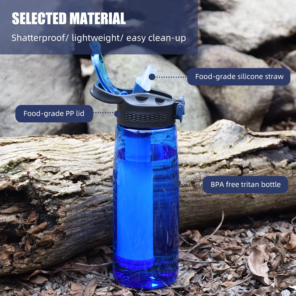 Water Bottle Made of Tritan with Water Filter Lockable Lid BPA Free Water Purifier Bottle for Travel Hiking Camping Emergency