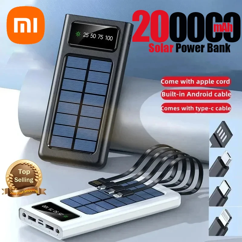 Xiaomi 200000mAh Solar Power Bank Built Cables Solar Charger 2 USB Ports External with LED Light Super Fast Charger Powerbank