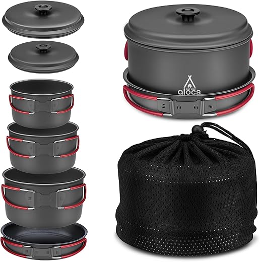 Alocs Camping Cookware Set Camping Gear, Compact Camping Pots and Pans Set, Durable Hard Alumina Camping Cooking Set for Outdoor Backpacking Camping Hiking Picnic, Included Mesh Carry Bag.