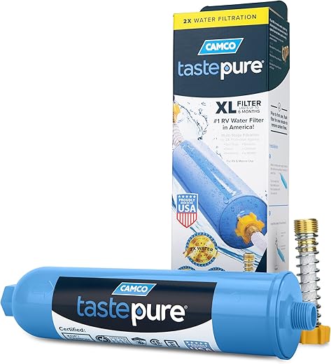 Camco TastePURE XL RV Water Filter - Reliable RV Inline Water Filter with Flexible Hose Protector - GAC & KDF Water Filter - Made in USA - Camping Essentials for Fresh Drinking Water (40019)