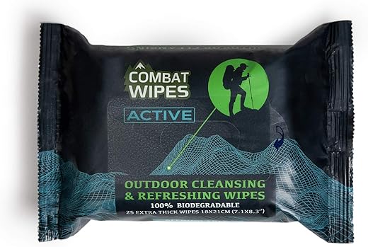 Combat Wipes ACTIVE Outdoor Wet Wipes - Extra Thick Camping Gear, Biodegradable, Body & Hand Cleansing/Refreshing Cloths for Backpacking & Gym w/Natural Aloe & Vitamin E (25 Wipes)