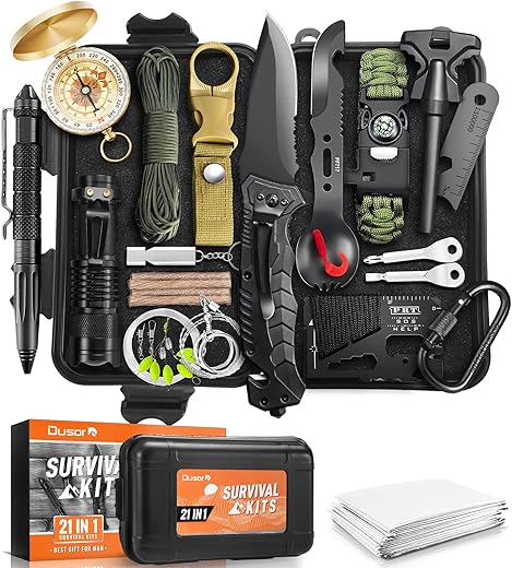 Dusor Gifts for Men, 21 in 1 Survival Kit, Dad Gifts Survival Gear and Supplies, Gifts for Dad Husband, Camping Essentials Must Have, Mens Gifts for Camping Fishing Hunting