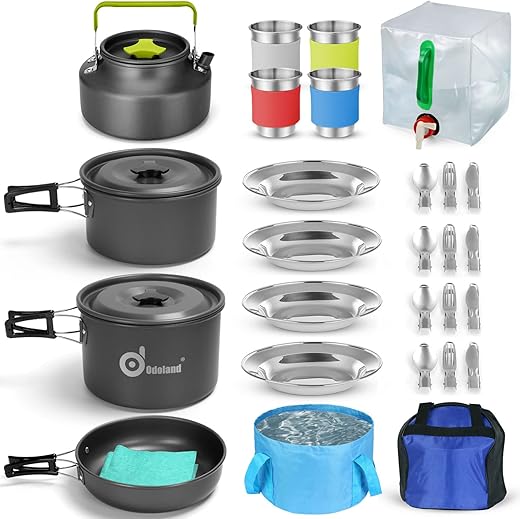 Odoland 29pcs Camping Cookware Mess Kit, Non-Stick Lightweight Pots Pan Kettle, Collapsible Water Container and Bucket, Stainless Steel Cups Plates Forks Knives Spoons for Outdoor Backpacking Picnic