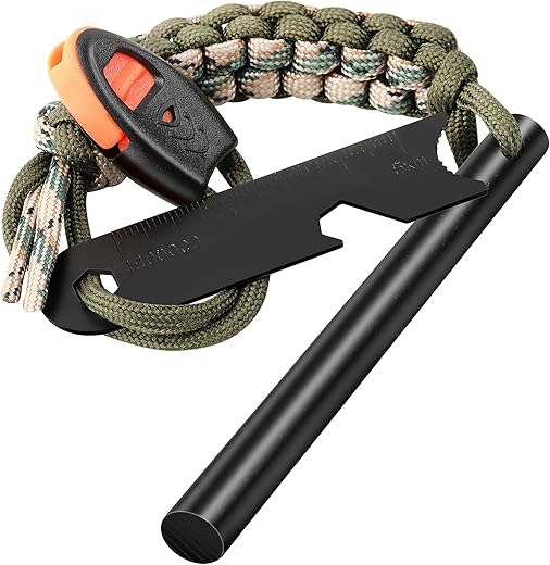 Survival Fire Starter, 4 Inch Ferro Rod, Flint Fire Starters for Hiking and Camping, Flint and Steel Survival Tool with Paracord and Emergency Whistle