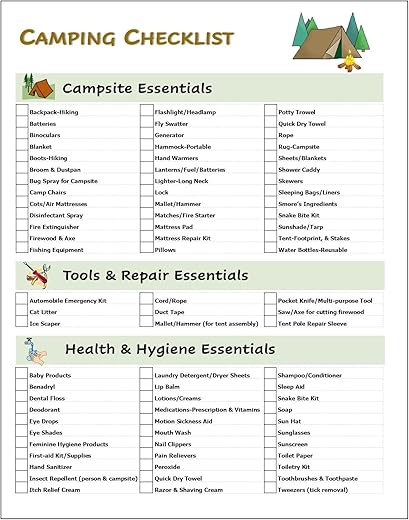 Ultimate Camping Hiking Gear Accessories Equipment Checklist -Laminated & Double Sided - Never Forget Packing Items