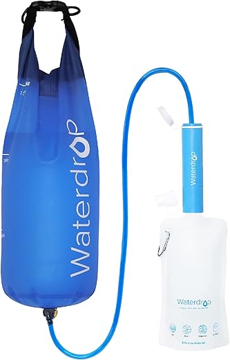 Waterdrop Gravity Water Filter Straw, Camping Water Filtration System, Water Purifier Survival for Travel, Backpacking and Emergency Preparedness, 1.5 gal Bag, 0.1 Micron, 5 Stage Filtration, Blue