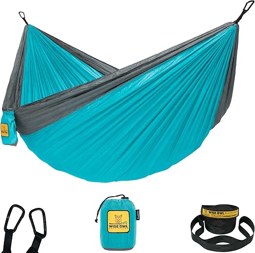 Wise Owl Outfitters Hammock for Camping Single Hammocks Gear for The Outdoors Backpacking Survival or Travel - Portable Lightweight Parachute Nylon SO Black & Grey