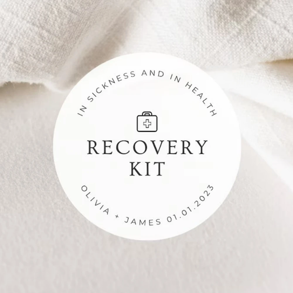 Custom Wedding Weekend Recovery Kit Labels, Round White Matte Stickers, Wedding Hotel First Aid Hangover Kit Stickers