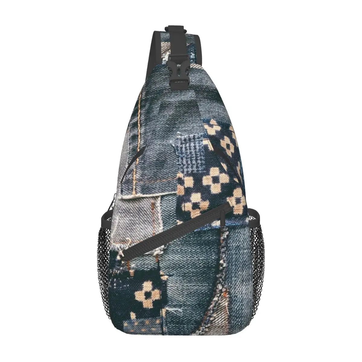 Denim Patchwork Crossbody Sling Bag Casual Chest Bag Shoulder Backpack Daypack for Hiking Outdoor Cycling Satchel