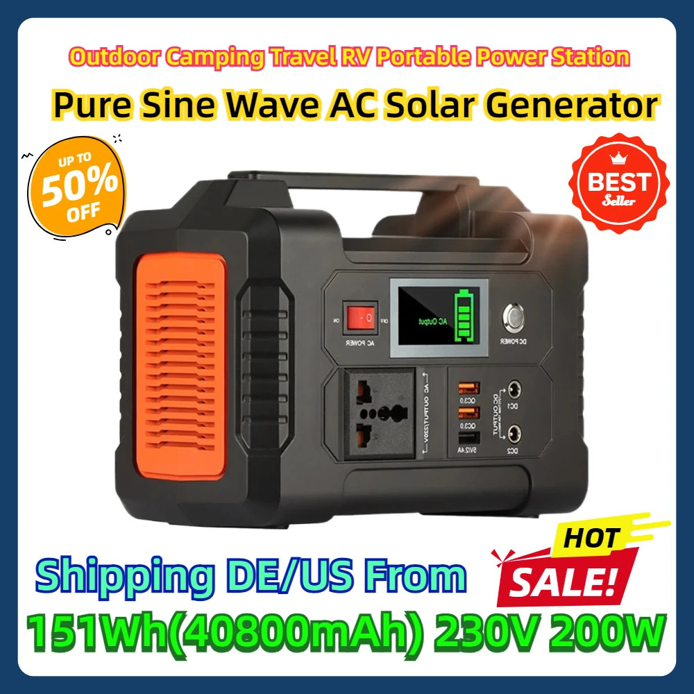 Outdoor Camping Travel RV Portable Power Station 151Wh(40800mAh) Backup Battery 230V 200W Pure Sine Wave AC Solar Generator