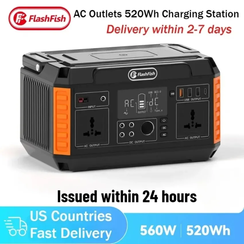 Portable Power Station 520W Solar Equipment Generator 1000W AC Peak Power Output for Camping Outdoor Apartment Charging Station